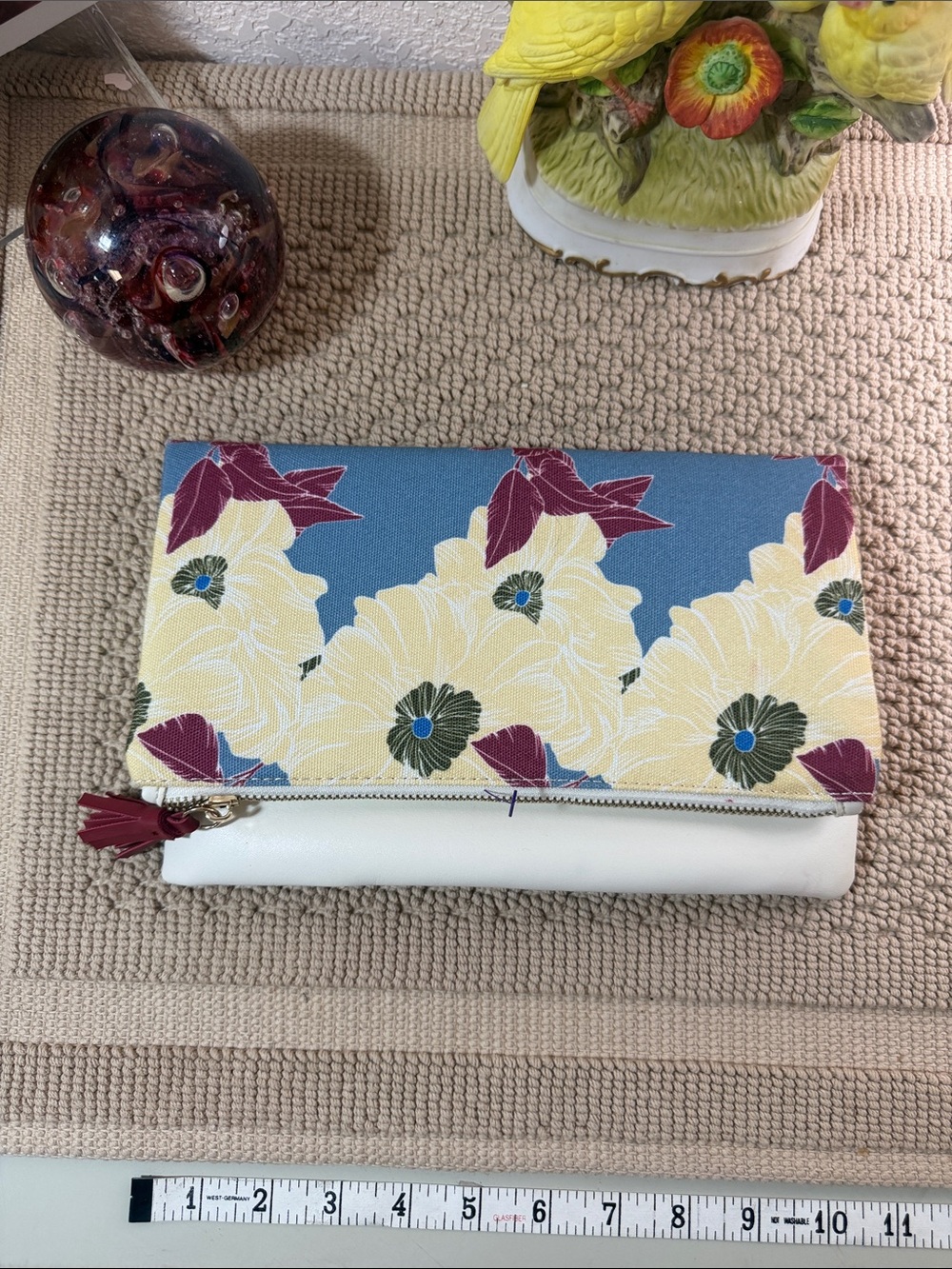 Rachel Pally Blue Floral Fold-Over Clutch with Cream & Burgundy Accents